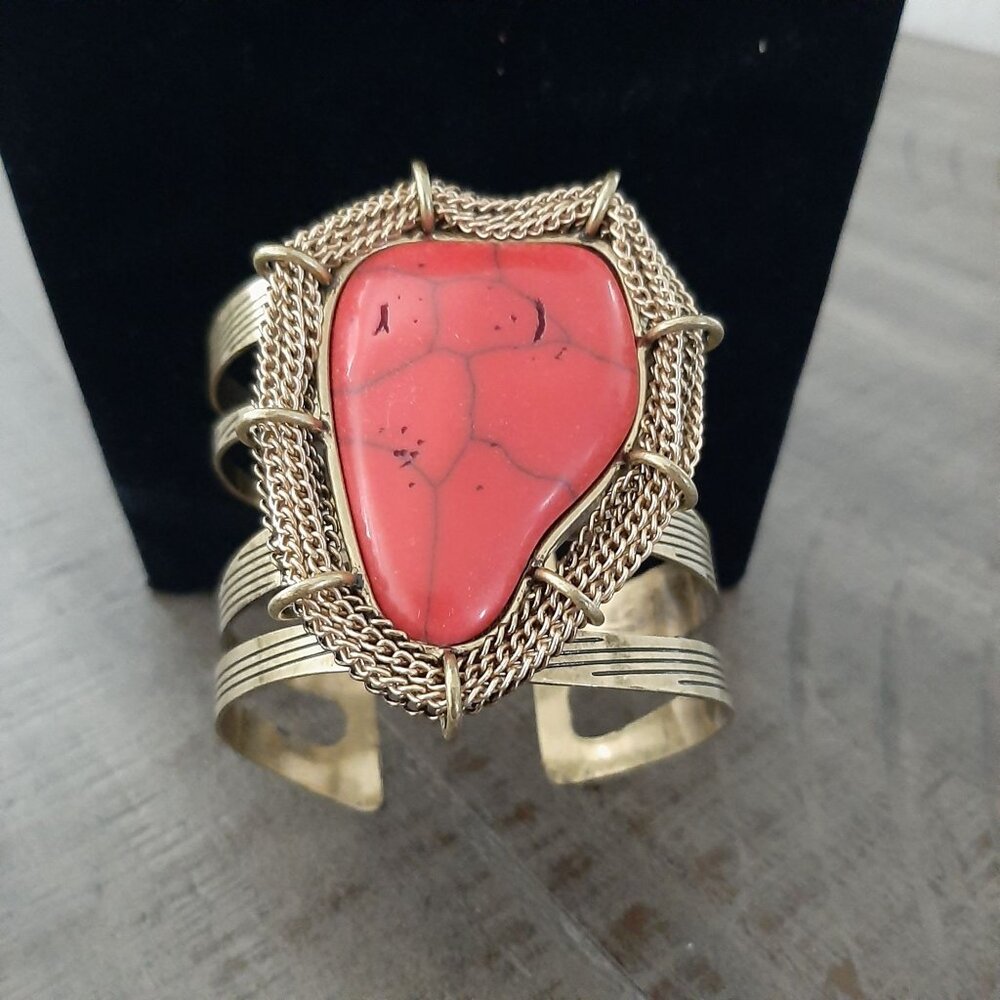 Vintage Costume Coral Red Turquoise Brass Cuff Bracelet Tribal Southwestern Unis